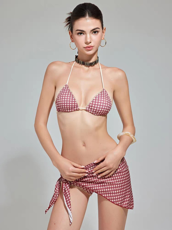 Ženski trodijelni kupaći set — retro točkice, najlon s 18% spandeksa, jastučići za grudi, bez metalne potpore, podstava poliester-spandeks