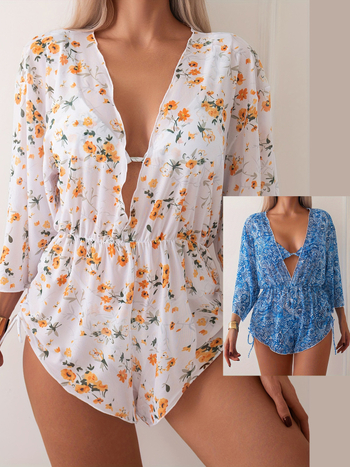 Cvjetni ženski bikini set od tri dijela s UV zaštitom i pokrovom za plažu, grudne jastučiće, poliester/elastan (82% poliester, 18% elastan)