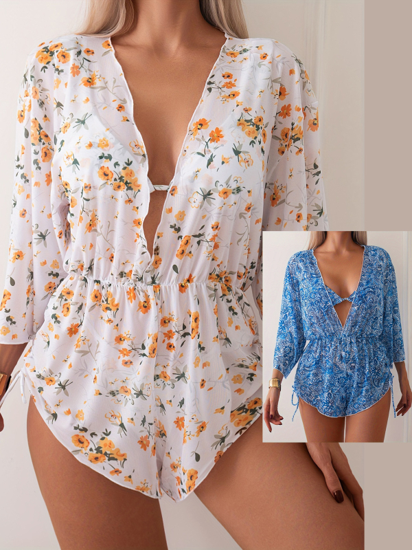 Cvjetni ženski bikini set od tri dijela s UV zaštitom i pokrovom za plažu, grudne jastučiće, poliester/elastan (82% poliester, 18% elastan)