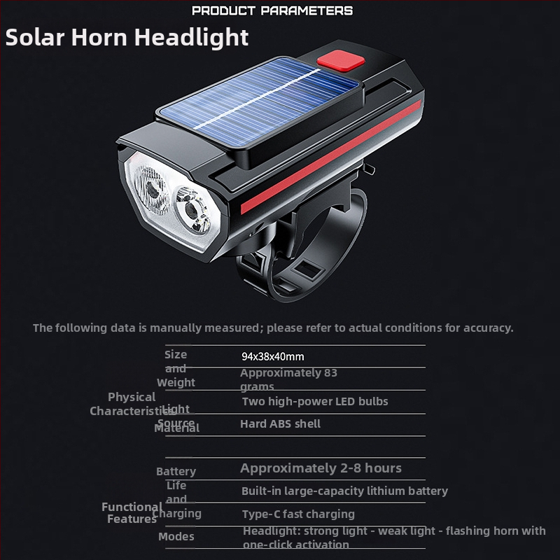 Solarna prednja svjetiljka za bicikl s klaxonima i stražnjom svjetlošću, USB-C, 1800mAh, nosač remena, off-road vožnja, PG-0538