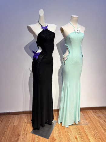 Haljina s halter vratom, otvorena leđa, izrez, riblja rep, duga haljina