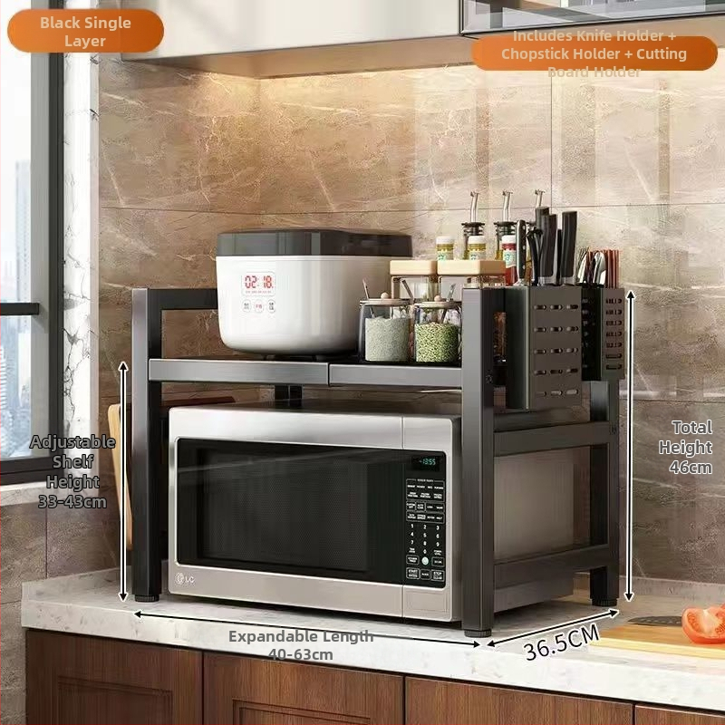 Stojan na skladovanie do kuchynskej mikrovlnnej rúry, ťahací pracovný povrch, viacvrstvová konštrukcia, uhlíková oceľ, jednoduchý a moderný dizajn, značka Strong merchants