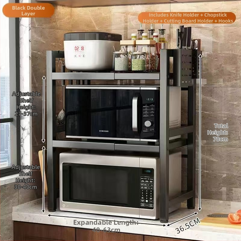 Stojan na skladovanie do kuchynskej mikrovlnnej rúry, ťahací pracovný povrch, viacvrstvová konštrukcia, uhlíková oceľ, jednoduchý a moderný dizajn, značka Strong merchants