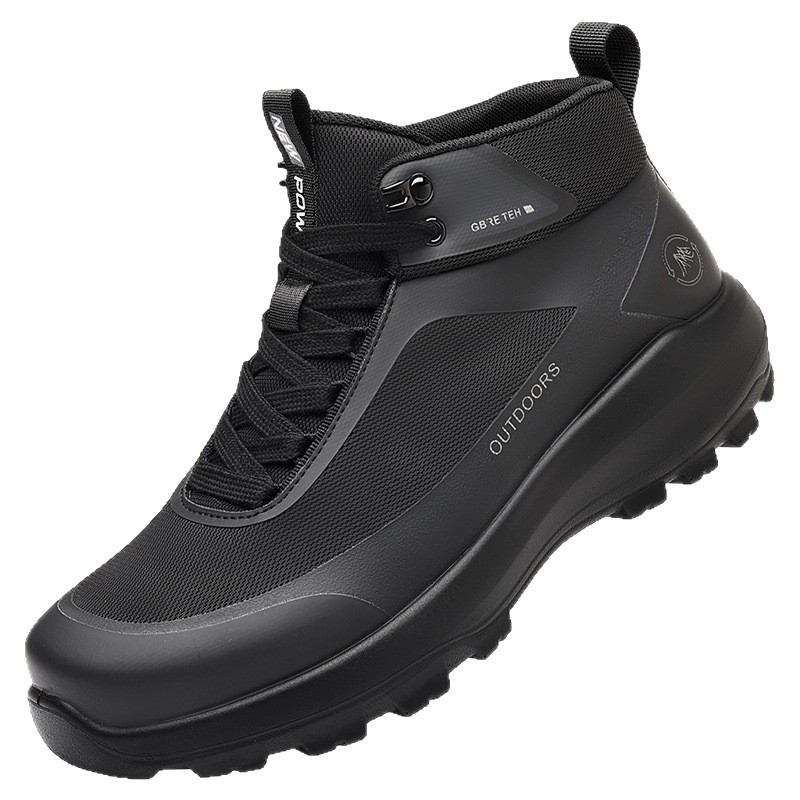 Pantofi de drumeție pentru bărbați, bocanci cu înălțime mare, talpă groasă, șireturi, material superior: super fiber și fly weave, talpă din poliuretan, toc mediu 3-5 cm