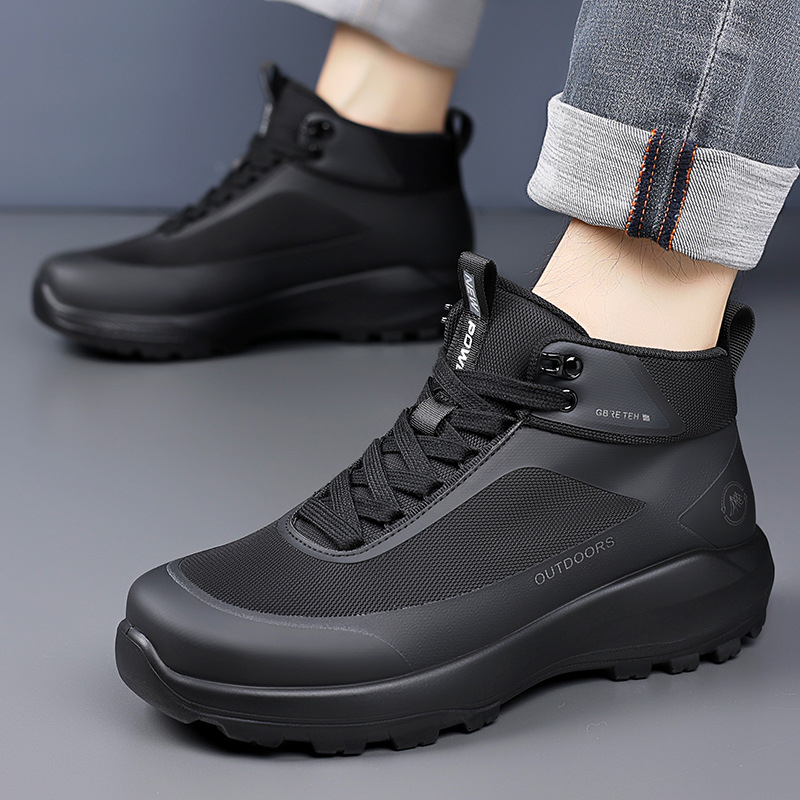 Pantofi de drumeție pentru bărbați, bocanci cu înălțime mare, talpă groasă, șireturi, material superior: super fiber și fly weave, talpă din poliuretan, toc mediu 3-5 cm