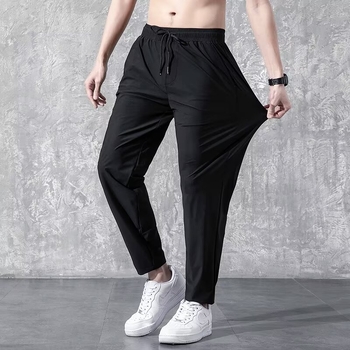 Pantaloni sport casual pentru bărbați - croială lejeră, lungi, talie cu șnur, amestec poliester-bumbac, fără cute