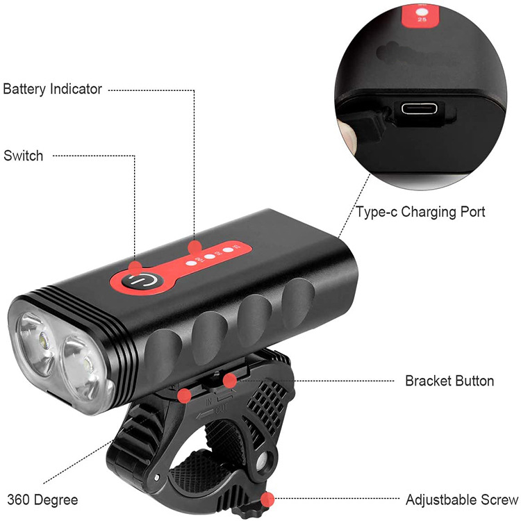 Yaqi prednje svjetlo za bicikl – USB punjivo, MTB LED, vodootporno, kućište od aluminijske legure