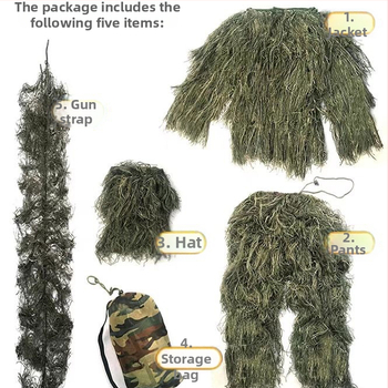 Petodjelni ghillie set za realnu upotrebu — kamuflaža džungla, pustinja, snijeg; toplo, otporno na vjetar, odvodi vlagu