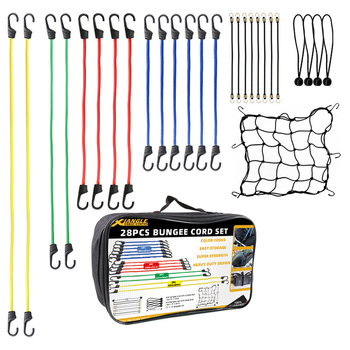 28-dijelni set za vezivanje prtljage s latex elastičnim užetima, klipse za šator i mrežom za teret, nosivost 60 kg