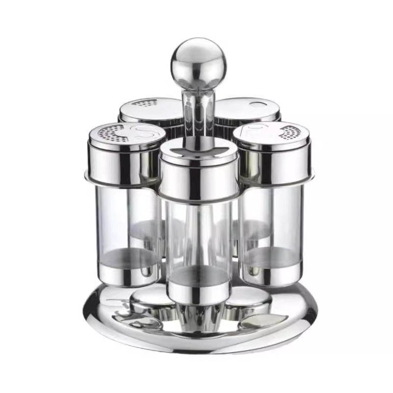 Set posudica za začine u europskom stilu od nehrđajućeg čelika 304 i akrila, s rotirajućim stalkom