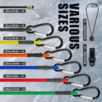 24 darabos poggyászszíj készlet, fémhorgokkal; anyag: polipropilén rost + gumiszalag; szakítószilárdság 25 kg; modell AQK-5110