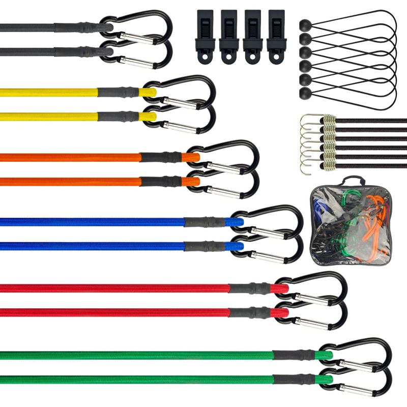 24 darabos poggyászszíj készlet, fémhorgokkal; anyag: polipropilén rost + gumiszalag; szakítószilárdság 25 kg; modell AQK-5110