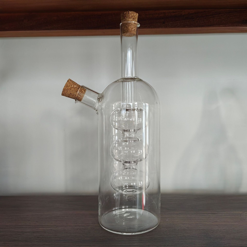 Recipient pentru ulei din sticlă borosilicată, design două-in-unu, gură dublă și gură fină, etanș și impermeabil la scurgeri