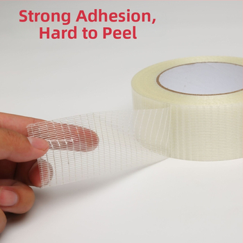 Jednostranná sieťovaná sklenená páska na fixáciu foriem a elektrických zariadení; podklad PET+sklenené vlákna; priehľadné lepidlo; šírka 10–60 mm; dĺžka 50 m; teplotný rozsah -20…40 °C.