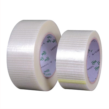 Jednostranná sieťovaná sklenená páska na fixáciu foriem a elektrických zariadení; podklad PET+sklenené vlákna; priehľadné lepidlo; šírka 10–60 mm; dĺžka 50 m; teplotný rozsah -20…40 °C.