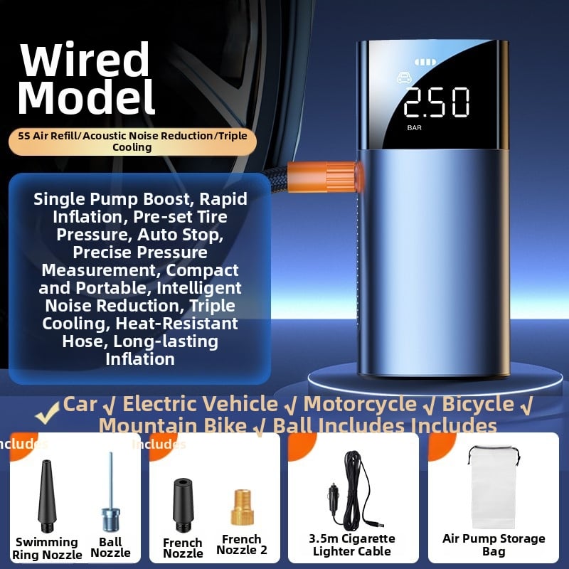 Digitális kijelzős hordozható autólégpumpa, 12V, 25 L/min, ≤80W, 3 m kábellel, egyhengeres
