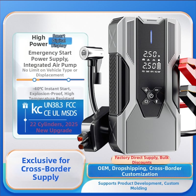 Autó sürgősségi indító és levegőkompresszor: egyhengeres, 80W alatt, digitális kijelző, világítás, gumiabroncs nyomásmérő