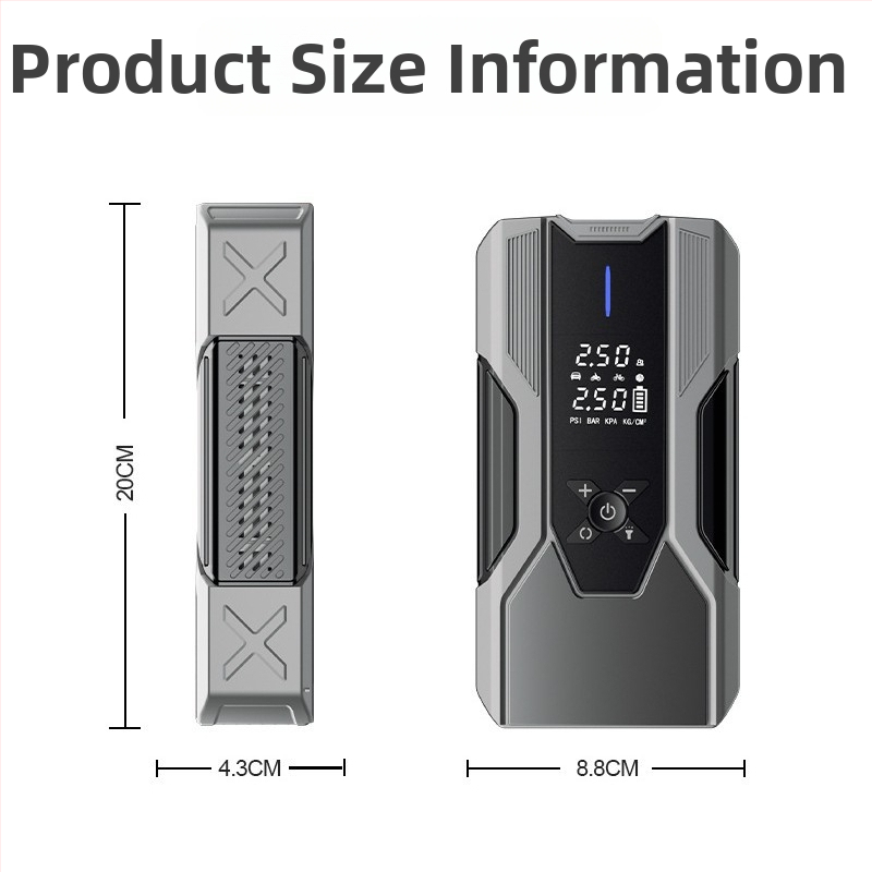 Autó sürgősségi indító és levegőkompresszor: egyhengeres, 80W alatt, digitális kijelző, világítás, gumiabroncs nyomásmérő
