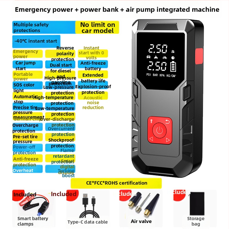 Autó sürgősségi indító és levegőkompresszor: egyhengeres, 80W alatt, digitális kijelző, világítás, gumiabroncs nyomásmérő