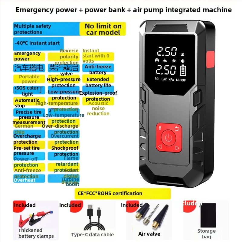 Autó sürgősségi indító és levegőkompresszor: egyhengeres, 80W alatt, digitális kijelző, világítás, gumiabroncs nyomásmérő