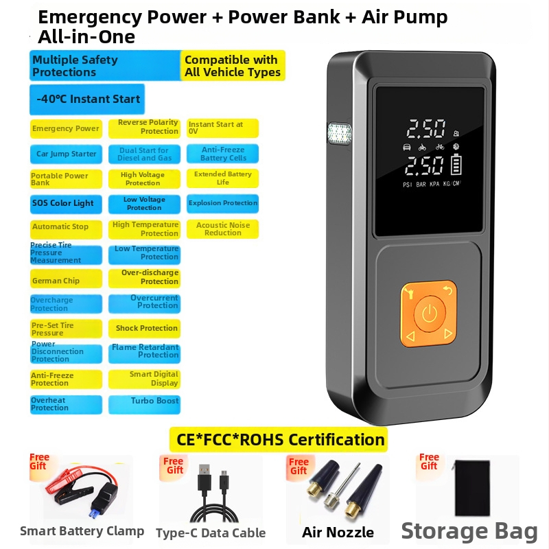 Autó sürgősségi indító és levegőkompresszor: egyhengeres, 80W alatt, digitális kijelző, világítás, gumiabroncs nyomásmérő