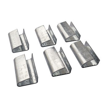 Model HMDSGK — posebni klip za PET plastičnu/čeličnu traku, galvanizirana čelična, debljina 0.6–0.8 mm, širina 12–19 mm