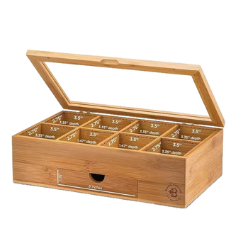 Asztali bambusz teabag tároló, 18 rekesz, flip-top fedél, átlátszó panel, modell L1011, modern stílus.