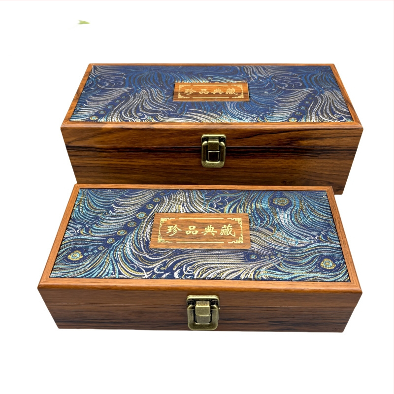 Obdĺžniková antická drevená škatuľka s imitáciou ružového dreva, darčeková baliaca škatuľa z fiberboardu, značka Mingjiang wood art, dekoratívny rolovací prvok a vyšívaný brokát