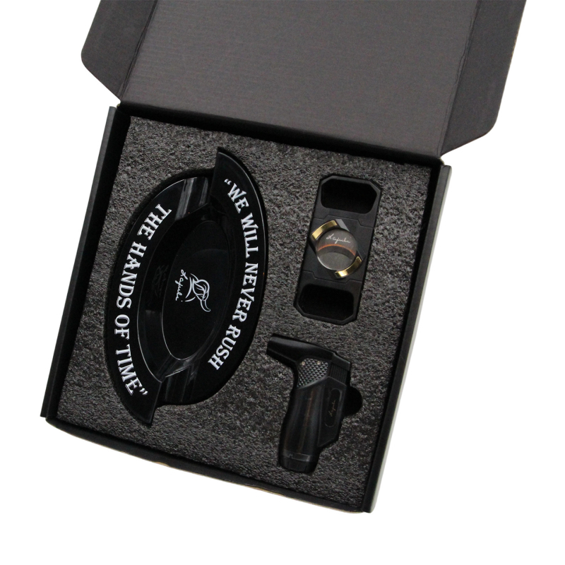  Szivar ajándékkészlet: öngyújtó, hamutál és szivarvágó – fém, hordozható, bután üzemanyagú, testreszabás nélkül