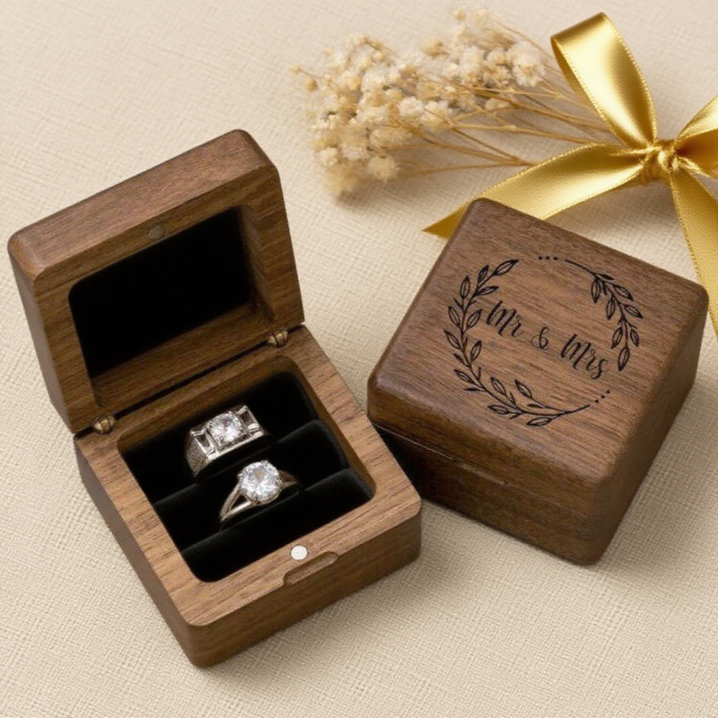 Cutie de inele din lemn MR&MRS pentru nuntă, ambalare bijuterii, 45 g