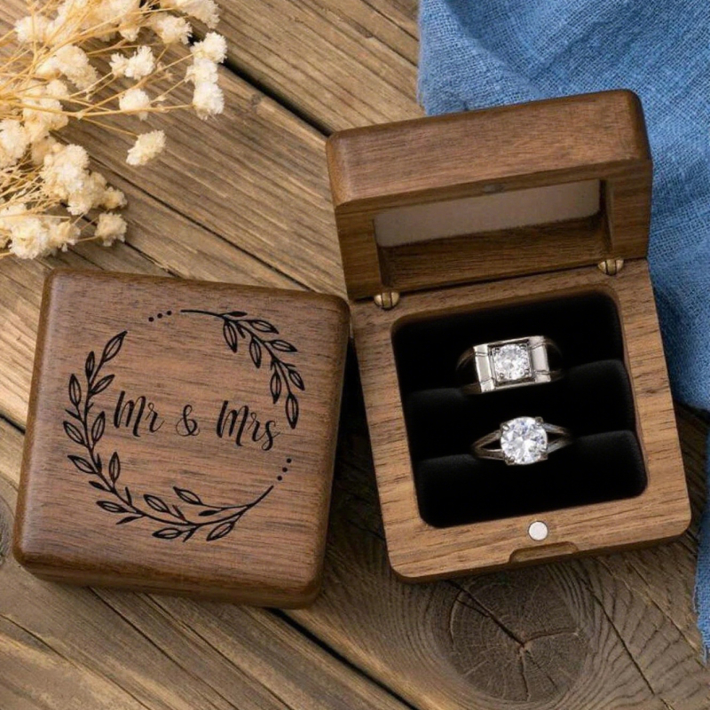 Cutie de inele din lemn MR&MRS pentru nuntă, ambalare bijuterii, 45 g