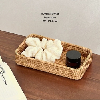 Organizator de cosmetică pentru birou, dreptunghiular, cadru din lemn și împletitură de răchită — model BC05507, capacitate 18L