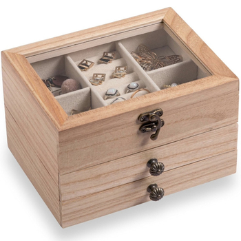 Cutie de bijuterii din lemn cu trei niveluri, capac transparent, pentru depozitare de brățări, broșe și ceasuri