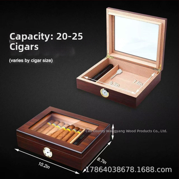 Drevený humidor na cigary s priehľadným akrylovým výklopným krytom, štvorcový tvar, retro dizajn, veľká kapacita