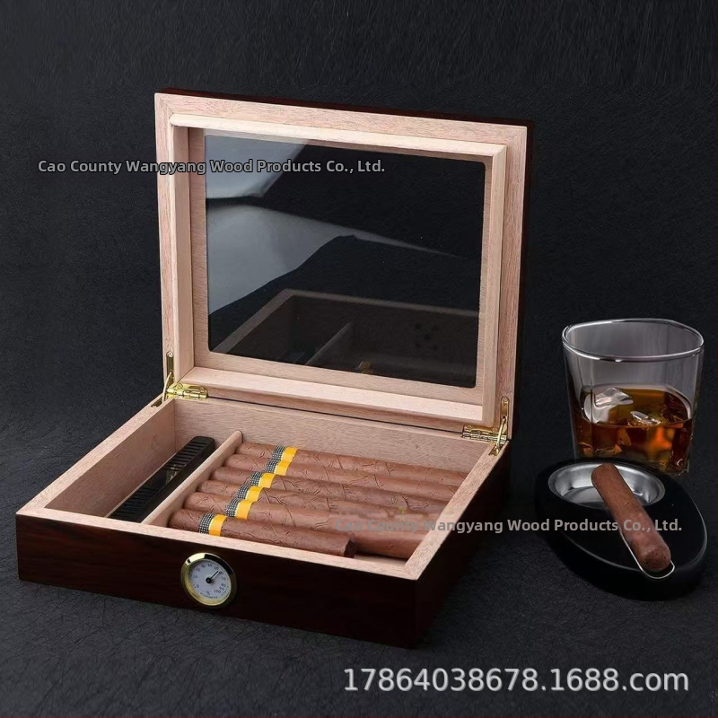 Drevený humidor na cigary s priehľadným akrylovým výklopným krytom, štvorcový tvar, retro dizajn, veľká kapacita