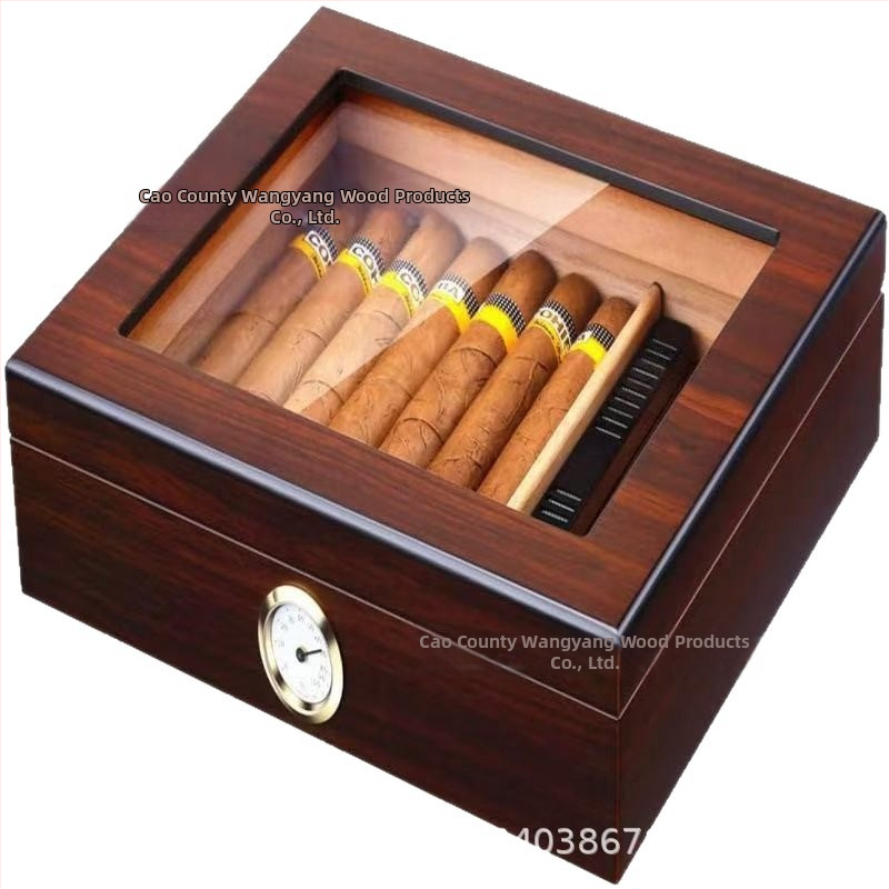 Drevený humidor na cigary s priehľadným akrylovým výklopným krytom, štvorcový tvar, retro dizajn, veľká kapacita
