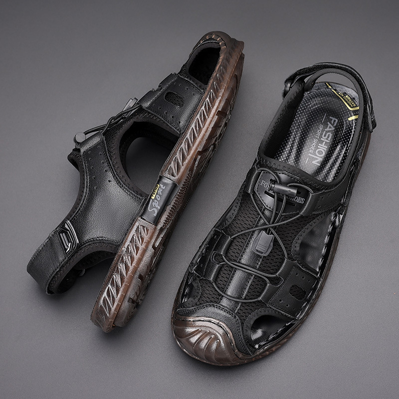 Muške sandale od prave kože s zatvorenim prstom, gornji dio: prava koža + mreža, unutarnji materijal: umjetna koža, zatvaranje vezicama, ljeto 2025