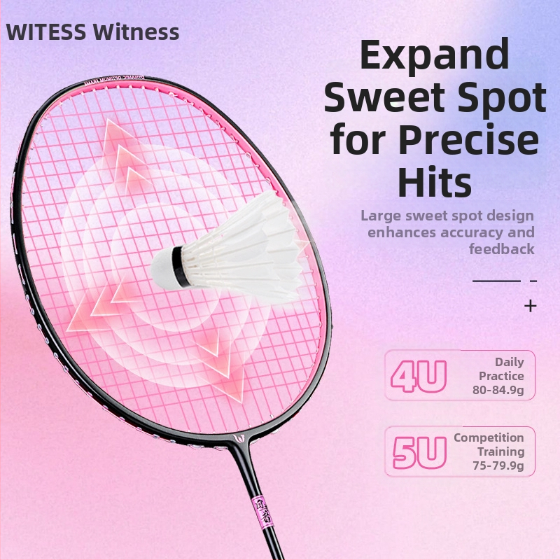 Badmintonová raketa Witess/Witness YA717 – rám z karbónových vlákien, hmotnosť 80–84 g, úchyt G5, nylonové struny, model s priameho zásahu