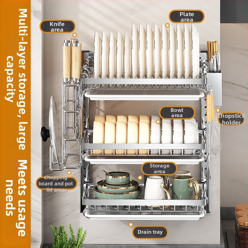 Ράφι πιάτων τοίχου από ανοξείδωτο ατσάλι με αποστράγγιση, εγκατάσταση χωρίς διάτρηση