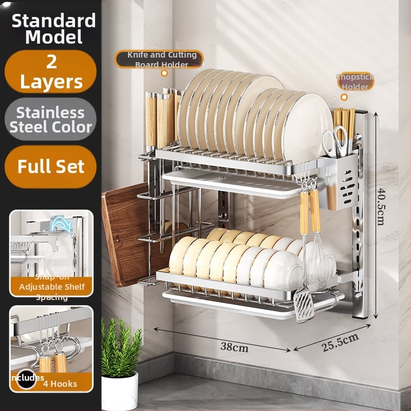 Ράφι πιάτων τοίχου από ανοξείδωτο ατσάλι με αποστράγγιση, εγκατάσταση χωρίς διάτρηση