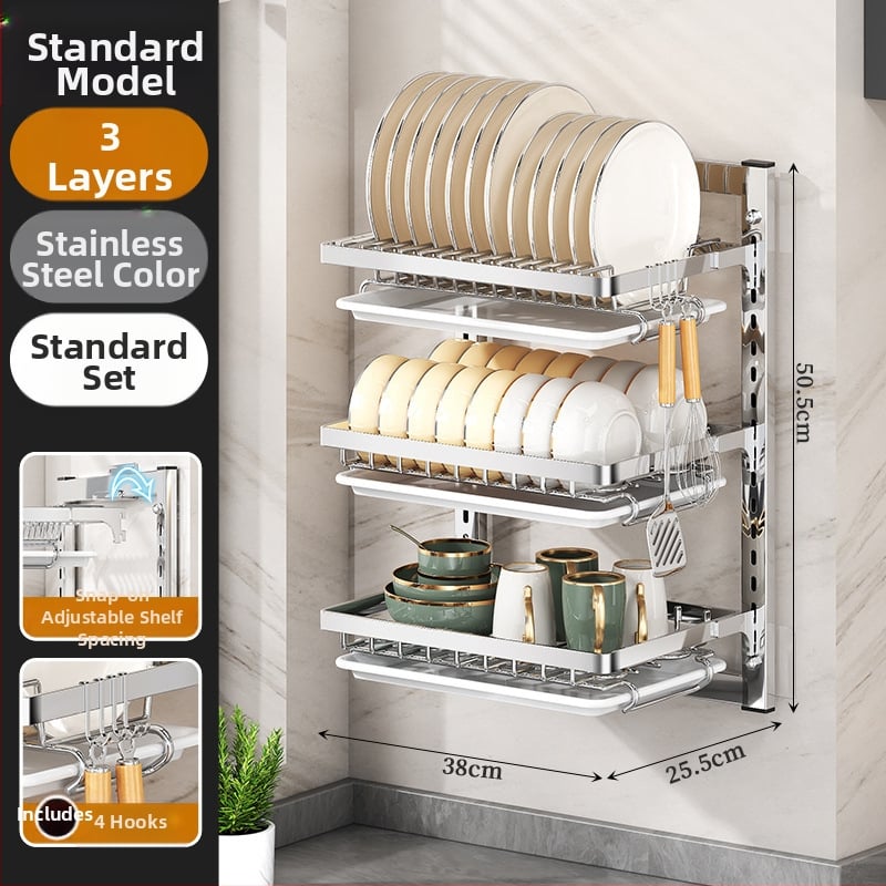 Ράφι πιάτων τοίχου από ανοξείδωτο ατσάλι με αποστράγγιση, εγκατάσταση χωρίς διάτρηση