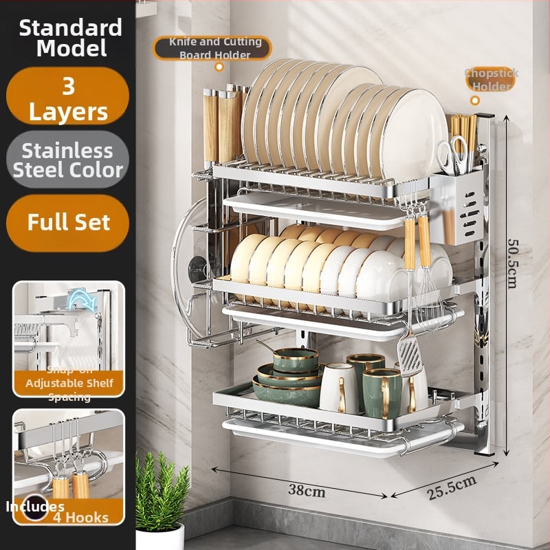 Ράφι πιάτων τοίχου από ανοξείδωτο ατσάλι με αποστράγγιση, εγκατάσταση χωρίς διάτρηση