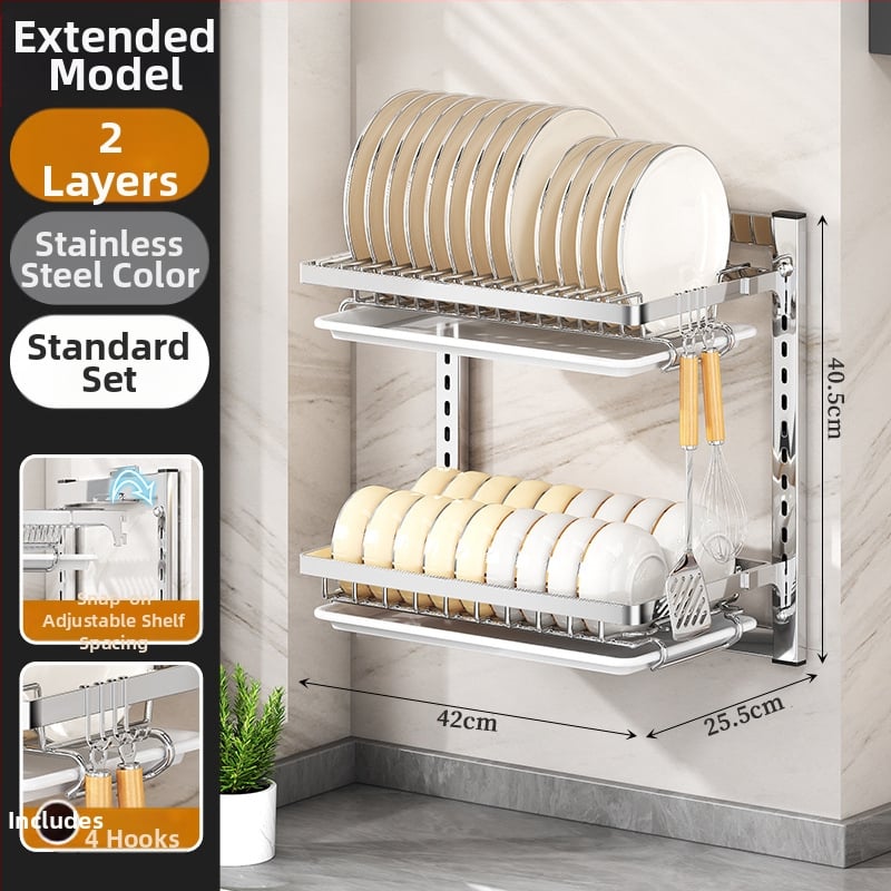 Ράφι πιάτων τοίχου από ανοξείδωτο ατσάλι με αποστράγγιση, εγκατάσταση χωρίς διάτρηση