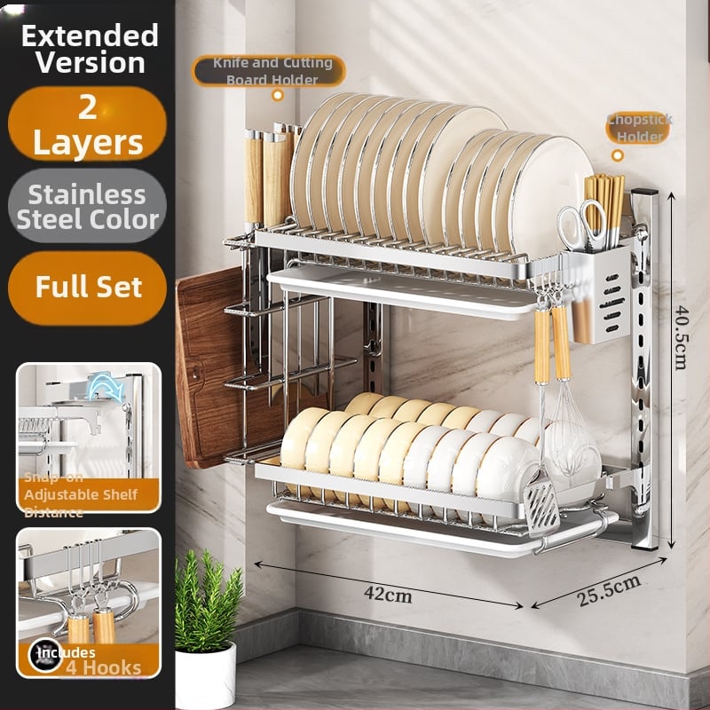 Ράφι πιάτων τοίχου από ανοξείδωτο ατσάλι με αποστράγγιση, εγκατάσταση χωρίς διάτρηση