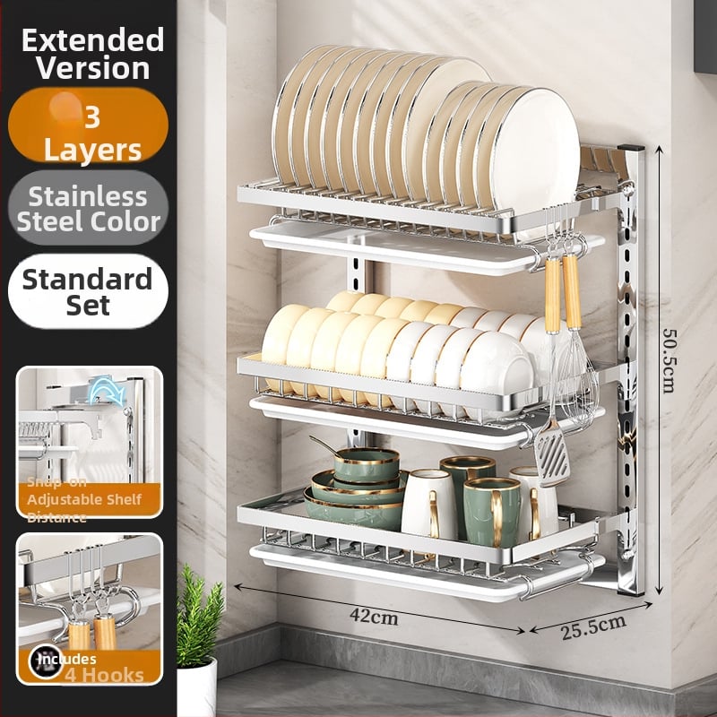 Ράφι πιάτων τοίχου από ανοξείδωτο ατσάλι με αποστράγγιση, εγκατάσταση χωρίς διάτρηση