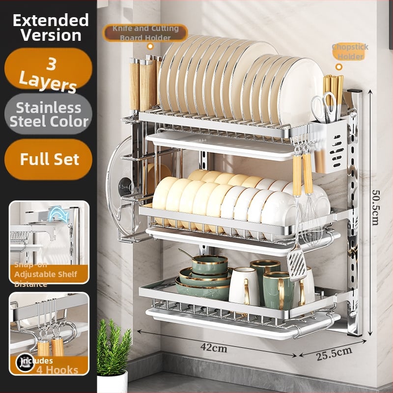 Ράφι πιάτων τοίχου από ανοξείδωτο ατσάλι με αποστράγγιση, εγκατάσταση χωρίς διάτρηση