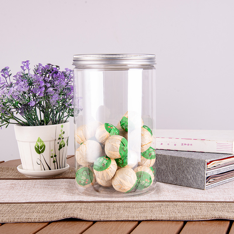 PET plastična staklenka za čaj sa zatvorenim poklopcem i sitotiskom; promjer 125 mm; debljina zida 2 mm; visine 140/170/210 mm