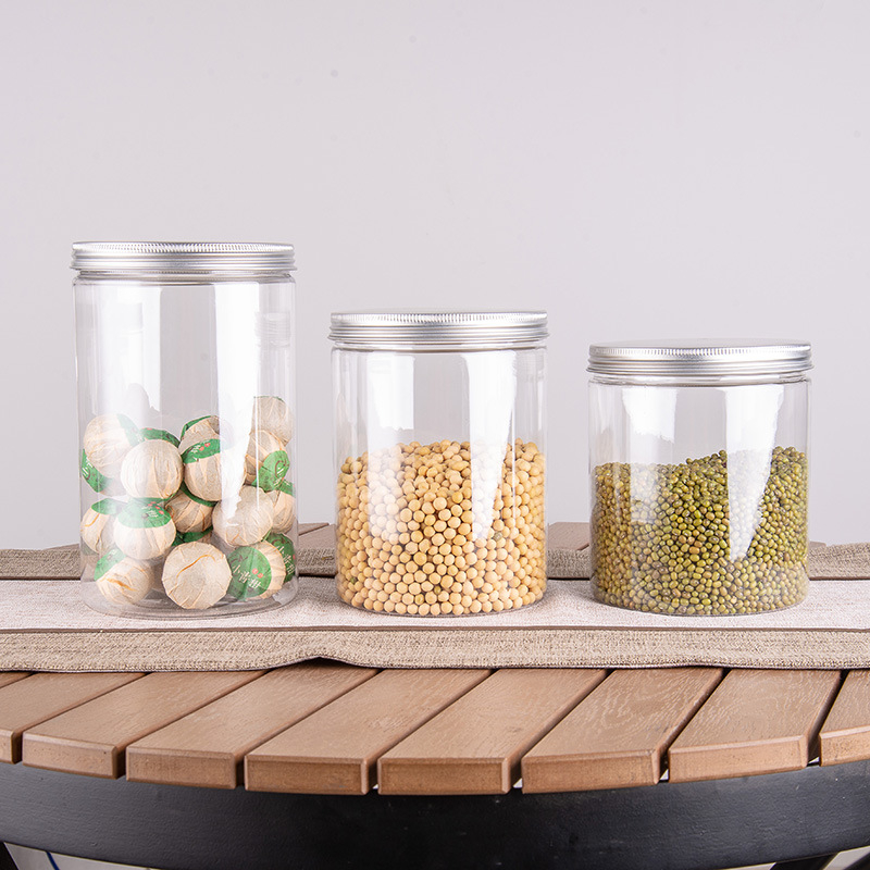 PET plastična staklenka za čaj sa zatvorenim poklopcem i sitotiskom; promjer 125 mm; debljina zida 2 mm; visine 140/170/210 mm