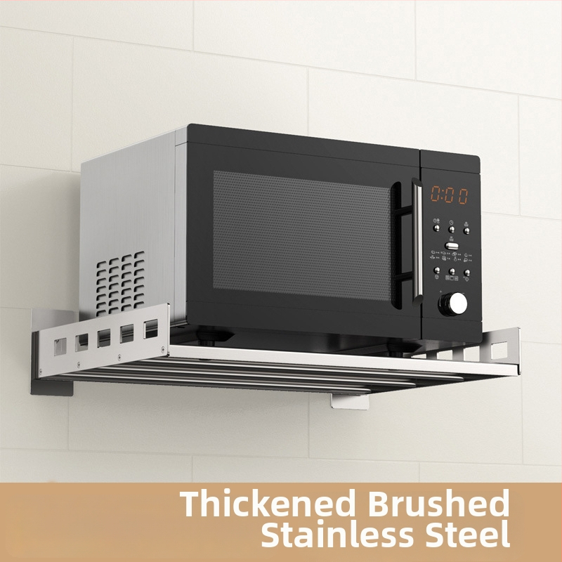 Mu Jue MJ-6899 Nerezová oceľová stenu montovaný kuchynský úložný stojan pre mikrovlnnú rúru, rúru a hrniec na ryžu