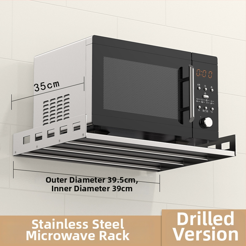 Mu Jue MJ-6899 Nerezová oceľová stenu montovaný kuchynský úložný stojan pre mikrovlnnú rúru, rúru a hrniec na ryžu